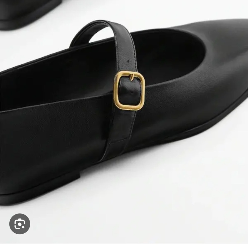 Massimo Dutti Black Leather Mary Jane Flats with Gold Buckle.